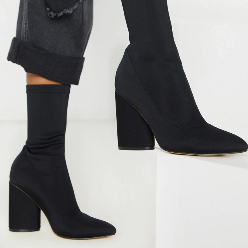 Black Chunky Block Heel Sock Boot